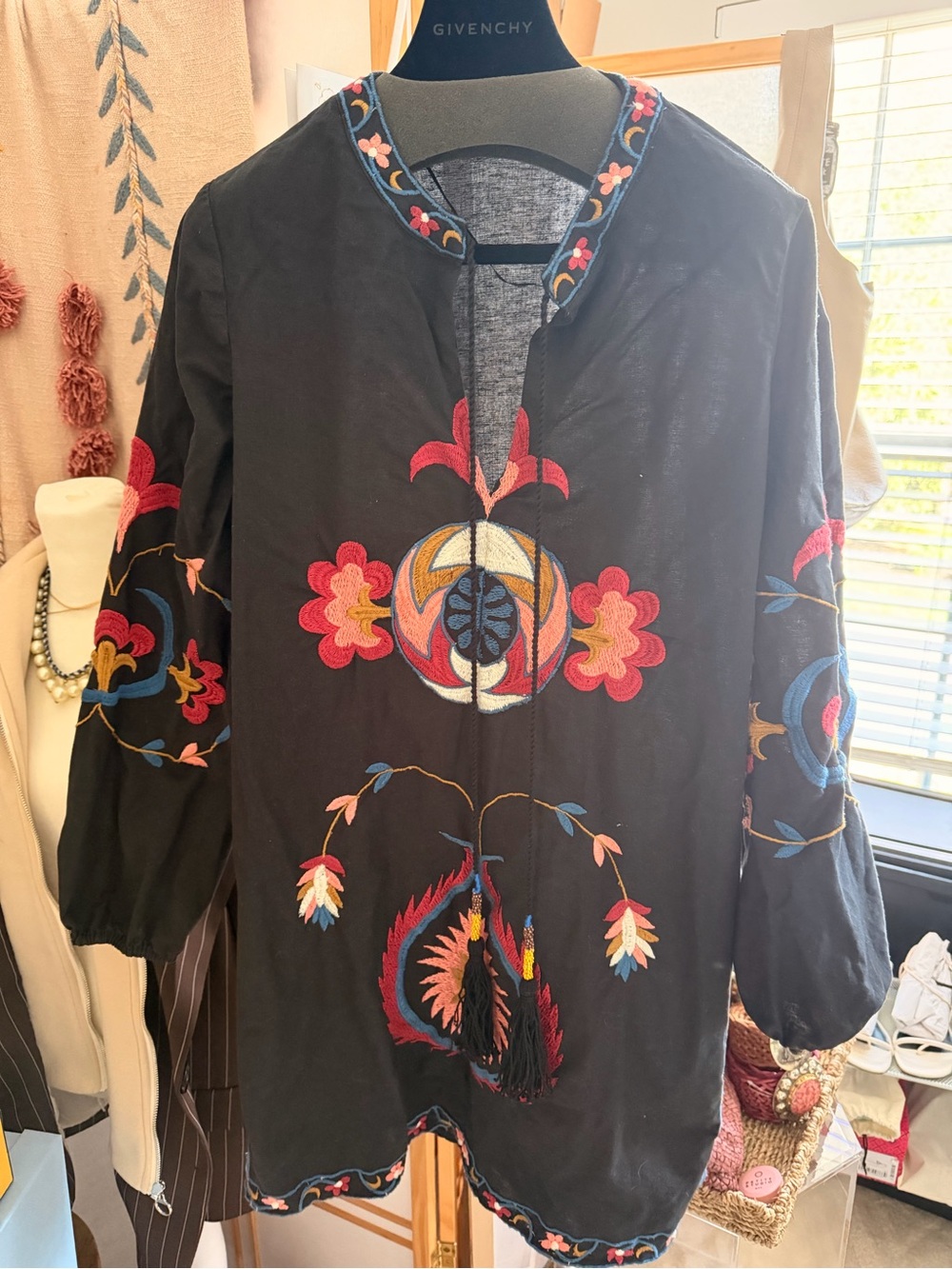 21. Zara Embroidered Boho Tunic Dress Black Floral Tassel Size M